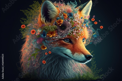 Inquisitive and cunning red fur fox in meadow of colorful spring fantasy flowers in bloom. Curious and graceful wild beauty with intelligent piercing eyes - generative AI illustration.