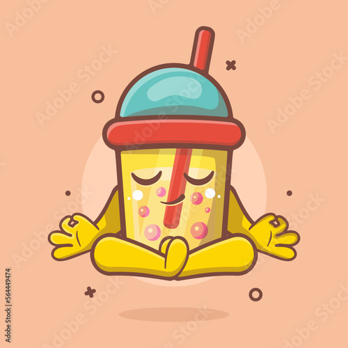 calm bubble tea drink character mascot with yoga meditation pose isolated cartoon in flat style design 