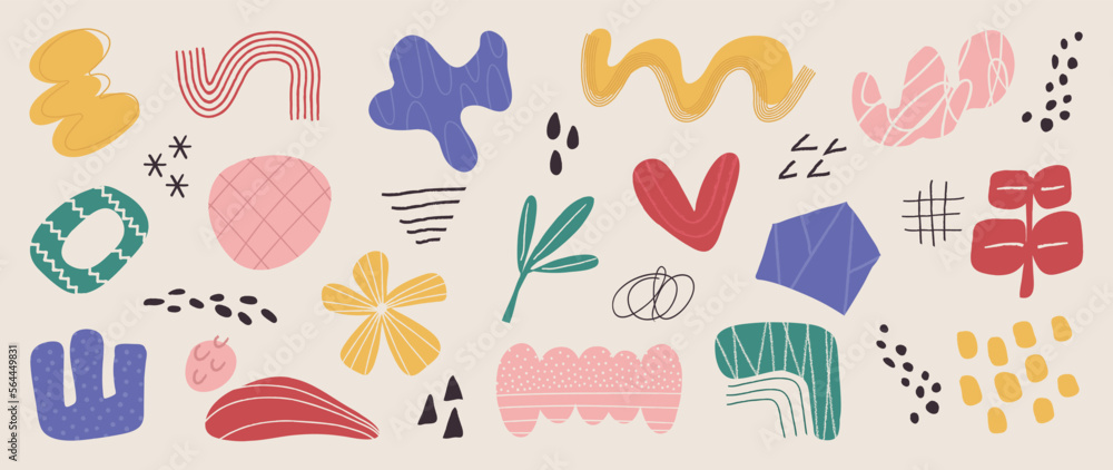 Set of doodle element vector illustration. Hand drawn vibrant color icon collection of abstract organic shapes and lines, scribble, flower, leaf. Design for comic, logo, tattoo, sticker, decoration. Set of doodle element vector illustration. Hand drawn vibrant color icon collection of abstract organic shapes and lines, scribble, flower, leaf. Design for comic, logo, tattoo, sticker, decoration.