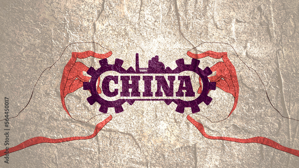 Fototapeta premium Hand holding China country name with factory and gears icons.