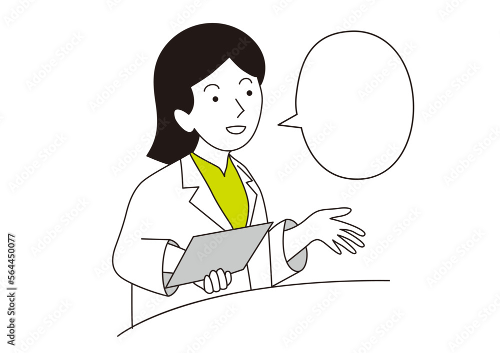 説明をしている白衣の女性 説明をしている白衣の女性
