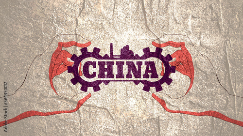 Hand holding China country name with factory and gears icons.