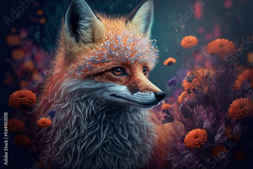 Inquisitive and cunning red fur fox in meadow of colorful spring fantasy flowers in bloom. Curious and graceful wild beauty with intelligent piercing eyes - generative AI illustration.