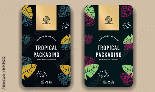 Tropical Packaging design Coffee Labels, Cosmetic Packaging Template, premium leaf illustration. Vintage hand-drawn template, tropic background, nightly jungle, sketch foliage