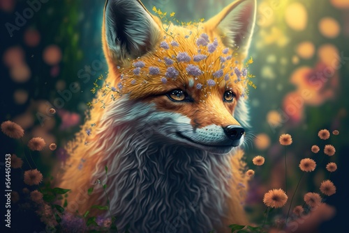 Inquisitive and cunning red fur fox in meadow of colorful spring fantasy flowers in bloom. Curious and graceful wild beauty with intelligent piercing eyes - generative AI illustration.