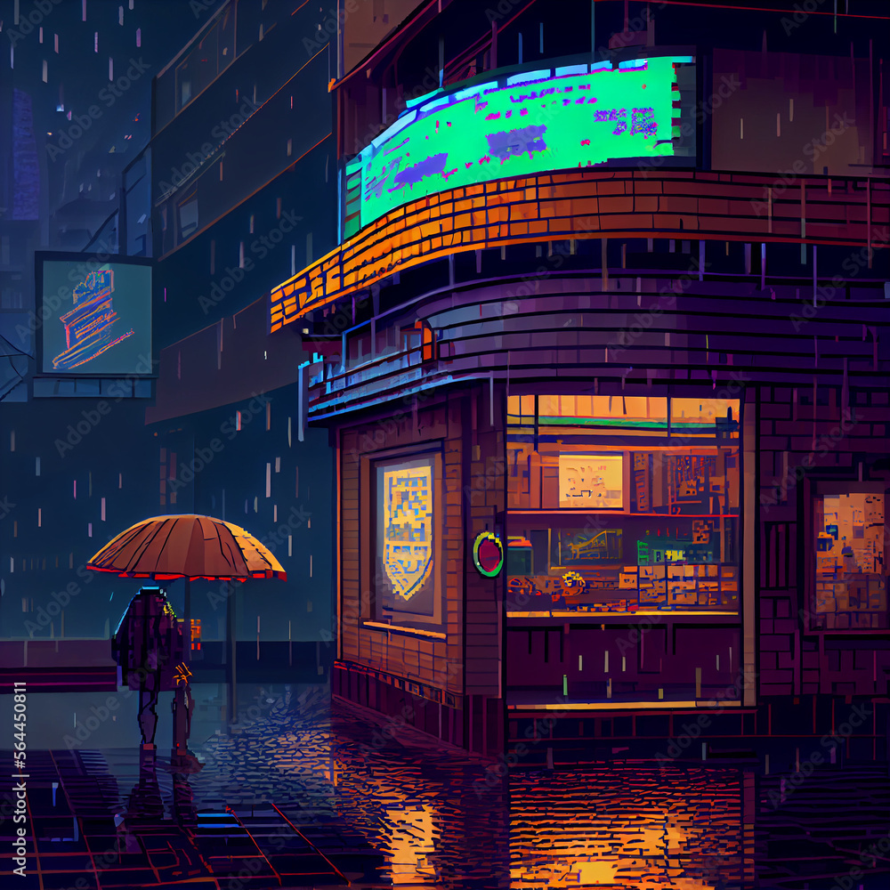 Beautiful pixel art of a cyberpunk coffeeshop in the rain