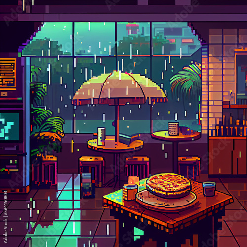 Pixel art Illustration of cafeteria on a rainy day in the city Generative