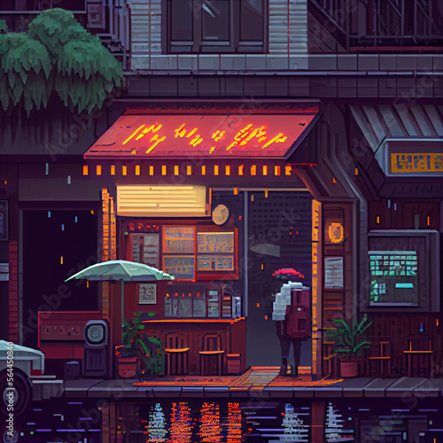Pixel art Illustration of cafeteria on a rainy day in the city Generative