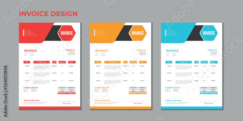 Minimal corporate Business multiple color variation a4 size vector invoice design template