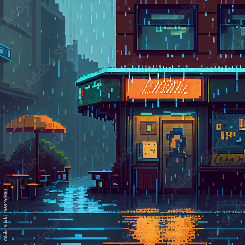 Pixel art Illustration of cafeteria on a rainy day in the city Generative
