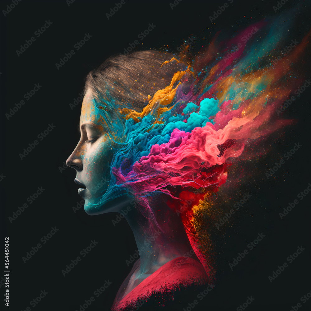  a beautiful woman side portrait whose brain is burst with vivid colorful powder isolated on black background.