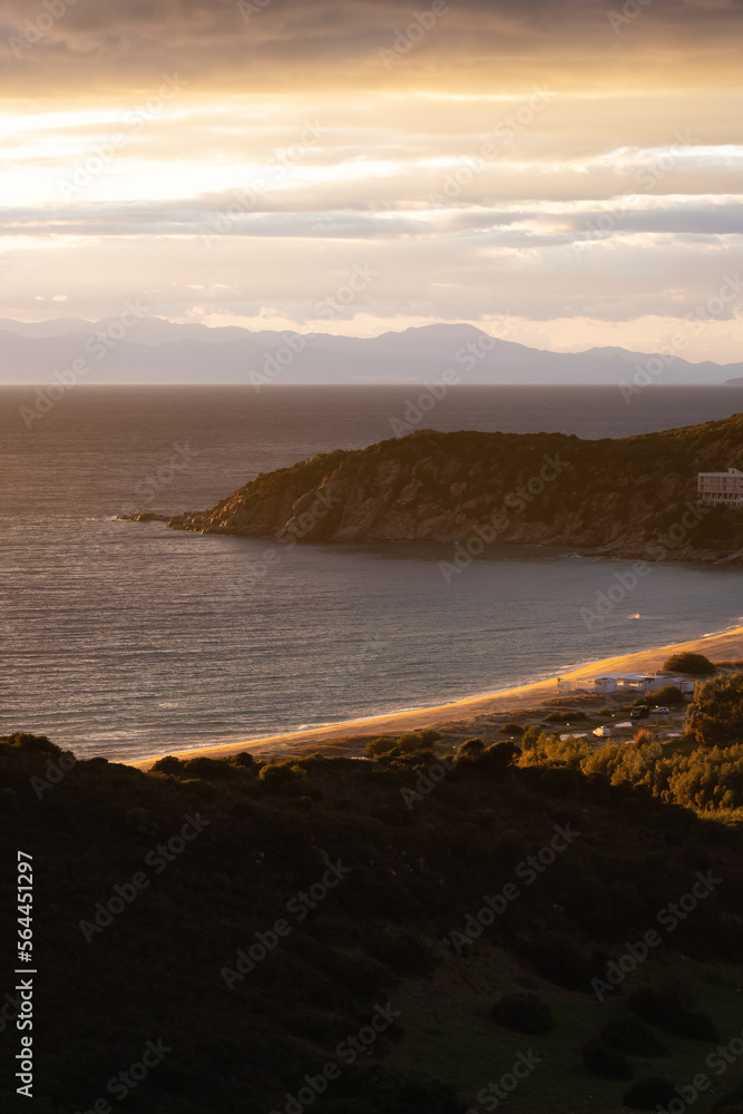 Touristic Town on the Sea Coast. Solanas, Sardinia, Italy. Colorful Sunset Sky.
