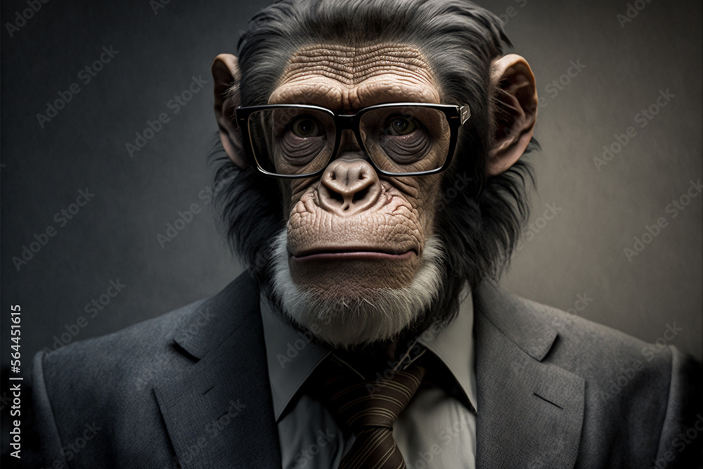 Chimpanzee chimp business portrait dressed as a manager or ceo in a formal office business suit with glasses and tie. Ai generated Chimpanzee chimp business portrait dressed as a manager or ceo in a formal office business suit with glasses and tie. Ai generated