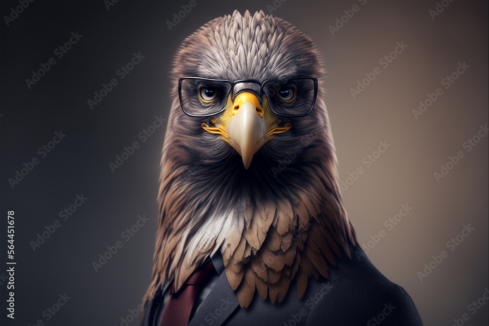 Eagle business portrait dressed as a manager or ceo in a formal office business suit with glasses and tie. Ai generated Eagle business portrait dressed as a manager or ceo in a formal office business suit with glasses and tie. Ai generated