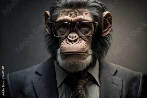 Fototapet Chimpanzee chimp business portrait dressed as a manager or ceo in a formal office business suit with glasses and tie