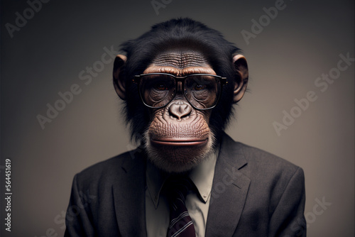 Fotografie, Tablou Chimpanzee chimp business portrait dressed as a manager or ceo in a formal office business suit with glasses and tie