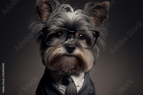 dog business portrait dressed as a manager or ceo in a formal office business suit with glasses and tie. Ai generated