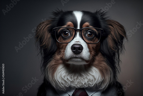 dog business portrait dressed as a manager or ceo in a formal office business suit with glasses and tie. Ai generated © dragomirescu