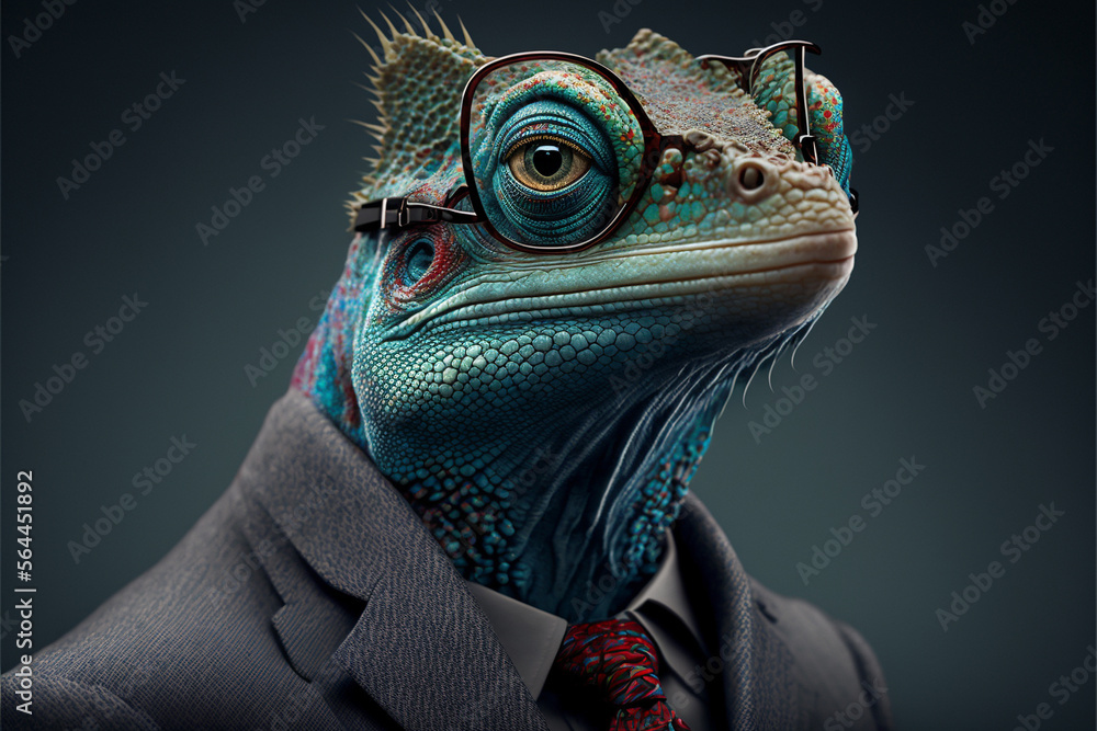 Lizard business portrait dressed as a manager or ceo in a formal office business suit with glasses and tie. Ai generated Lizard business portrait dressed as a manager or ceo in a formal office business suit with glasses and tie. Ai generated