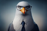 Seagull business portrait dressed as a manager or ceo in a formal office business suit with glasses and tie. Ai generated