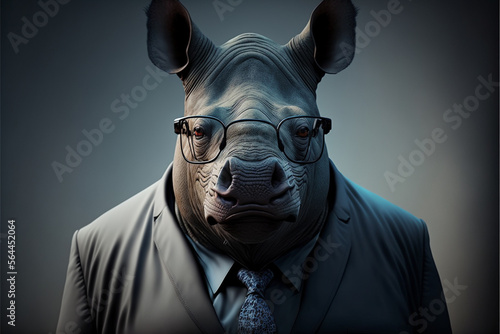 Rhinoceros business portrait dressed as a manager or ceo in a formal office business suit with glasses and tie. Ai generated