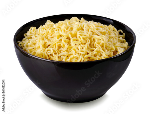  Cooked instant noodles with vegetables in black  bowl isolated on white background with clipping path. Asian and Chinese style fast food concept