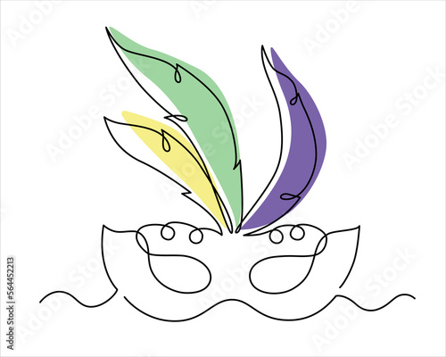 Mardi gras carnival feather mask drawing single continuous line art purple green and yellow color