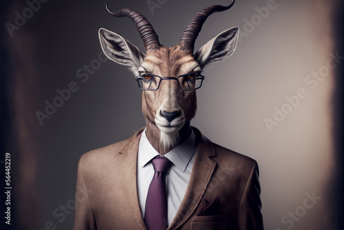 Antelope business portrait dressed as a manager or ceo in a formal office business suit with glasses and tie. Ai generated © dragomirescu