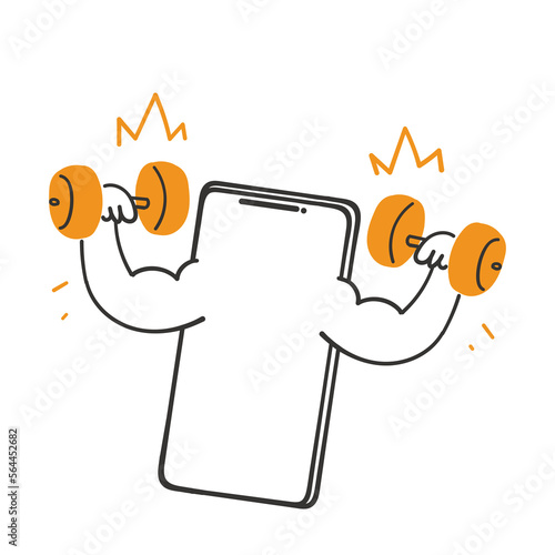 hand drawn doodle mobile phone with dumbbell symbol for online fitness illustration vector