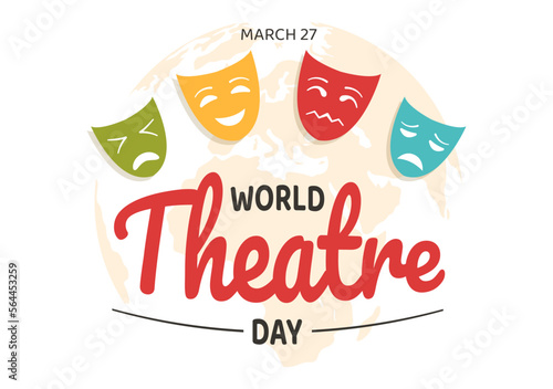 World Theatre Day on March 27 Illustration with Masks and to Celebrate Theater for Web Banner or Landing Page in Flat Cartoon Hand Drawn Templates