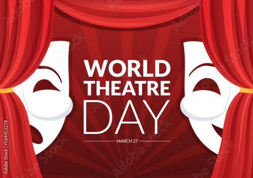 World Theatre Day on March 27 Illustration with Masks and to Celebrate Theater for Web Banner or Landing Page in Flat Cartoon Hand Drawn Templates