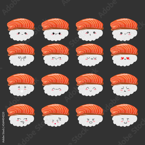 Set of kawaii sushi emoticon gesture of japanese food isolated on white background