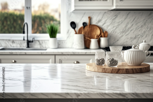 Copy space of luxury table counter top on blur kitchen background. Food product display presentation. Generative Ai.