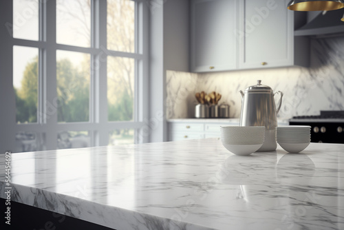 marble counter tabletop with copy space over blurred modern kitchen background. Generative Ai.