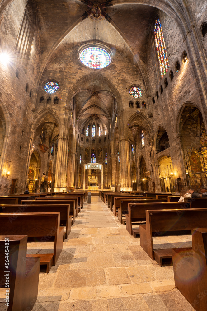 Panorama inside the Cathedral of Saint Mary of Girona in Catalonia in winter 2023.