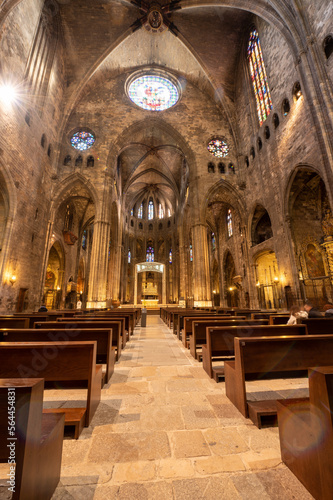 Panorama inside the Cathedral of Saint Mary of Girona in Catalonia in winter 2023. © martinscphoto