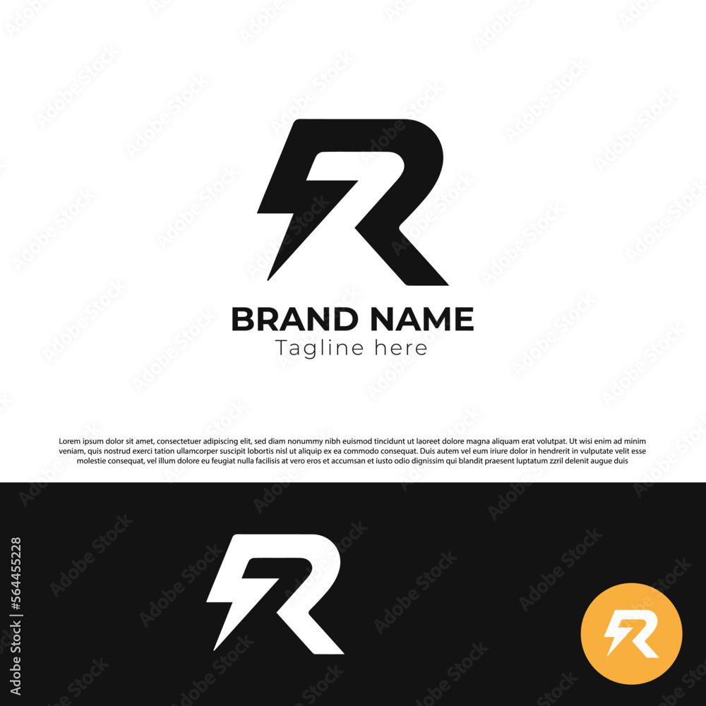 Initial Letter R Electric Logo. letter R overlap with the thunderbolt