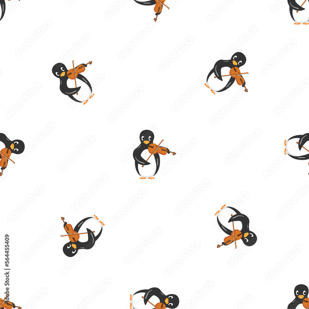Penguin play violin pattern seamless background texture repeat wallpaper geometric vector
