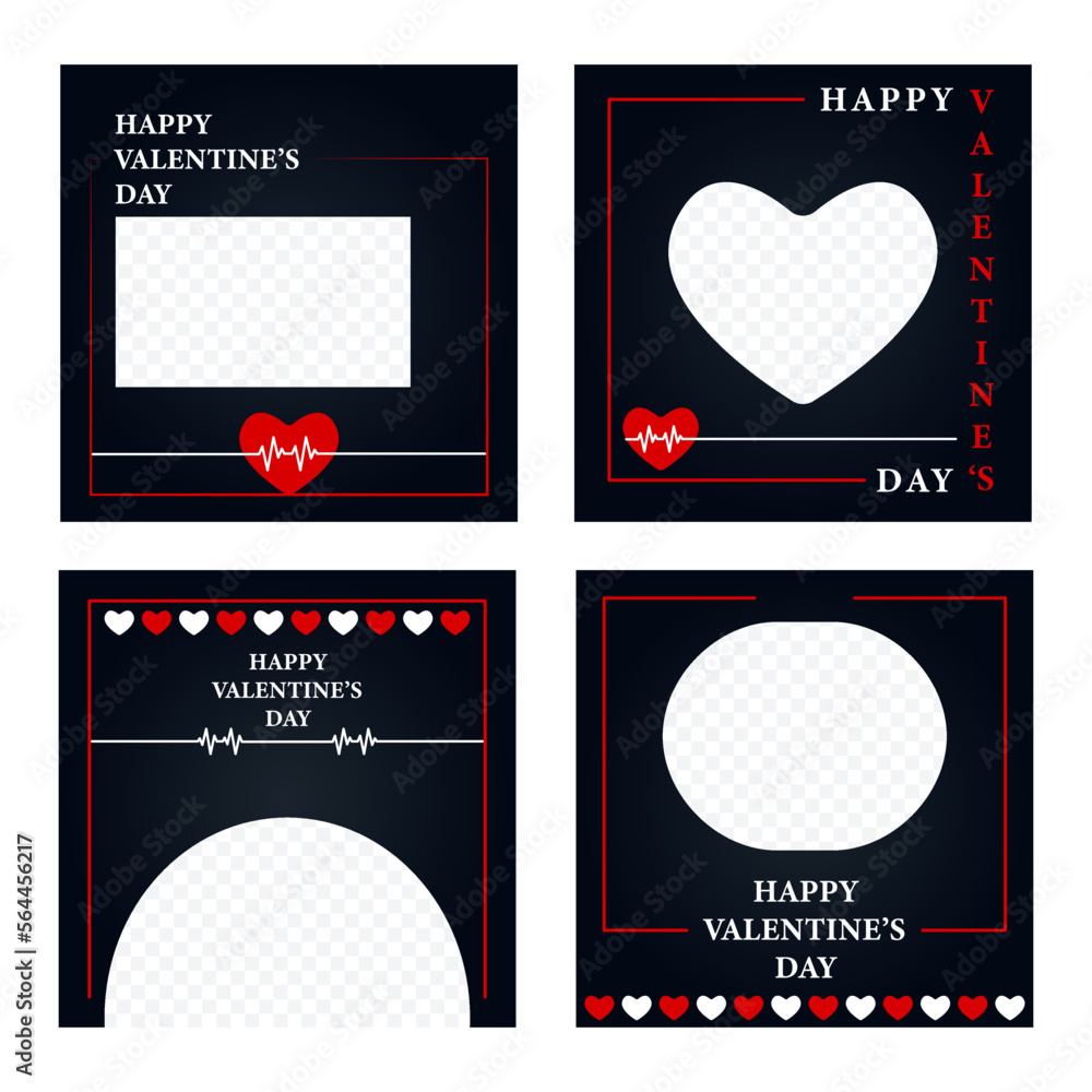 Set of four black background with red heart flat greeting cards, Blank png space for your picture. Happy Valentine's Day.