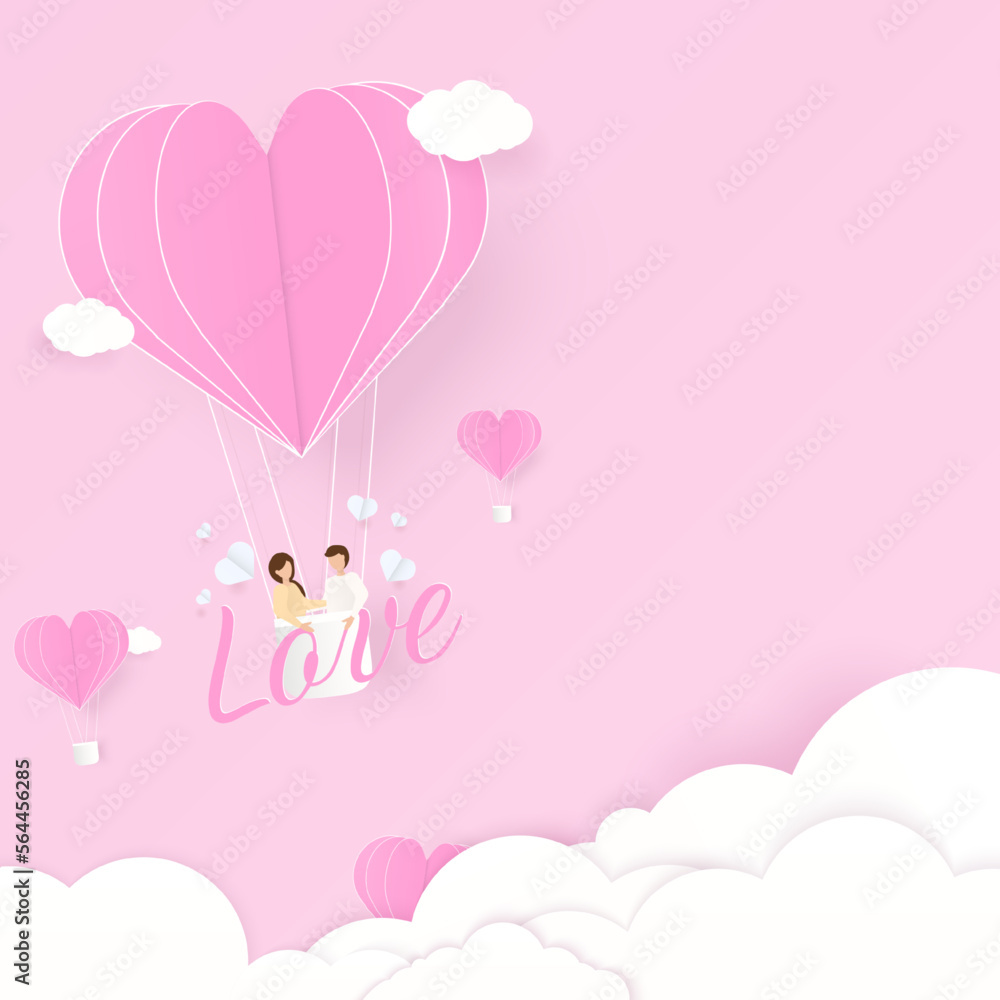 Couple on pink heart balloon background