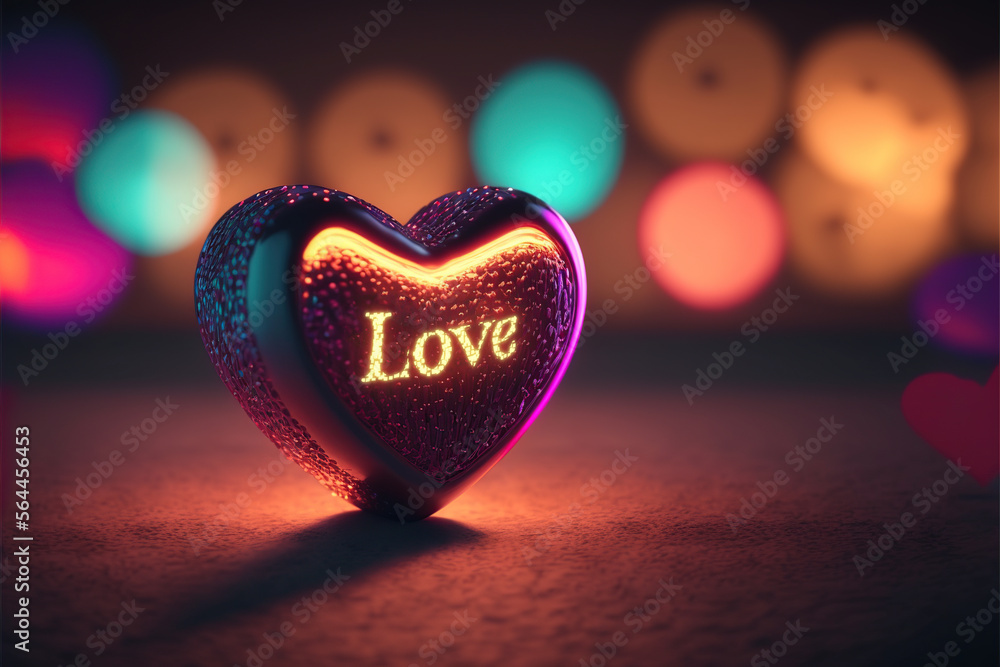 Hight tech heart made of light with text love. A blank background to a valentine's day message, futuristic, high-quality, professional modern lighting setup, neon, music, love, sparks, bokeh.