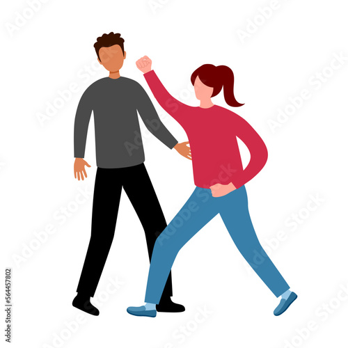 Woman self defense against bad guy in flat design on white background.