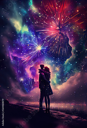 On Valentine's Day, a couple embraces under the gorgeous fireworks