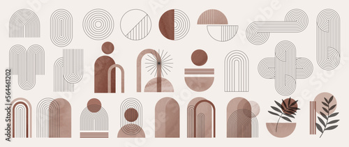 Hand drawn abstract minimal element mid century vector set. Aesthetic contemporary stripe line art, watercolor geometric shapes in nude colors. Art form design for wall art, decoration, wallpaper.