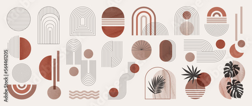 Hand drawn abstract minimal element mid century vector set. Aesthetic contemporary stripe line art, watercolor geometric shapes in nude colors. Art form design for wall art, decoration, wallpaper.