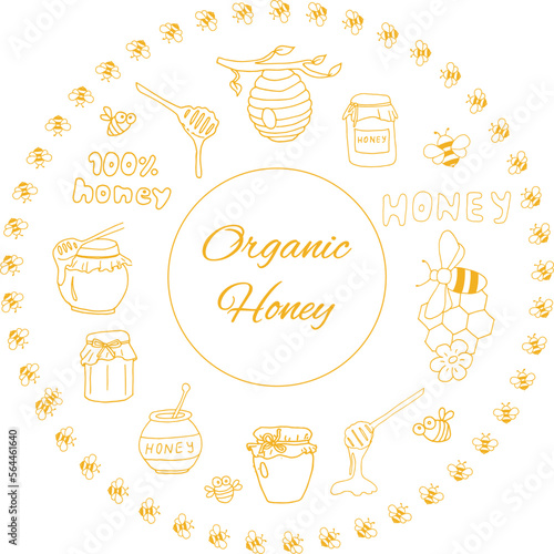 Organic honey border with honey jars and sunflowers bees suitable for decorating a honey store