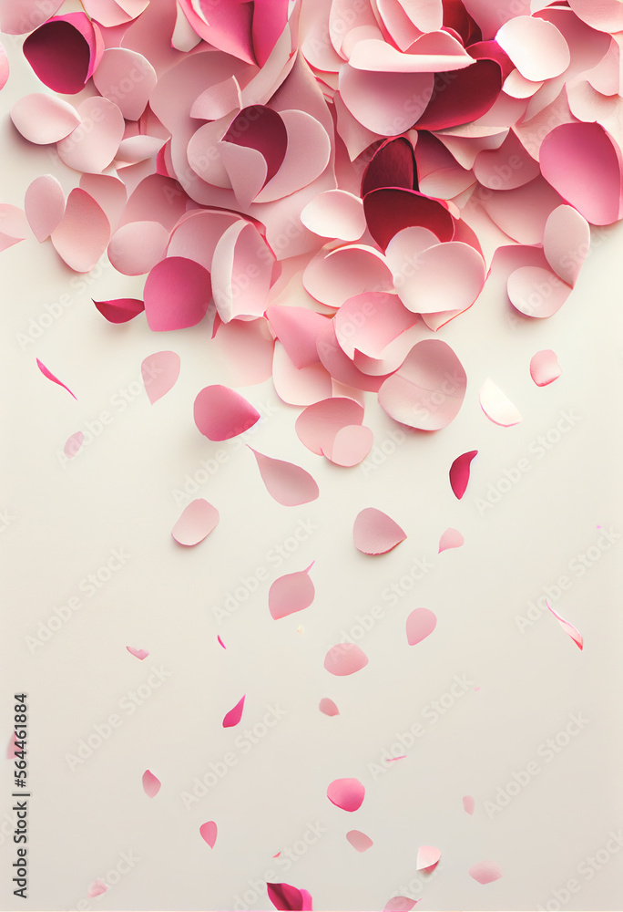 Valentine frame made of rose flowers, confetti on white background, Flat lay, top view with copy space. Beautiful Valentine's Day flower background. 3D illustration