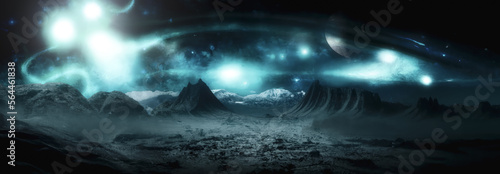 Alien Landscape Planet. Mountains and Glowing Lights. Nature Background. Generative AI