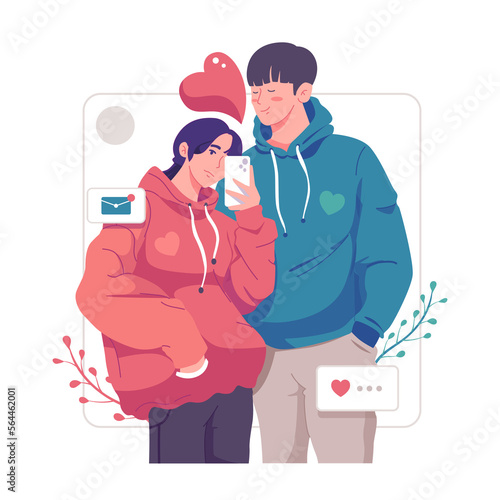 Romantic lovers are taking selfie with happiness. Happy young couple portrait. Valentine's Day and Happy Anniversary concept.