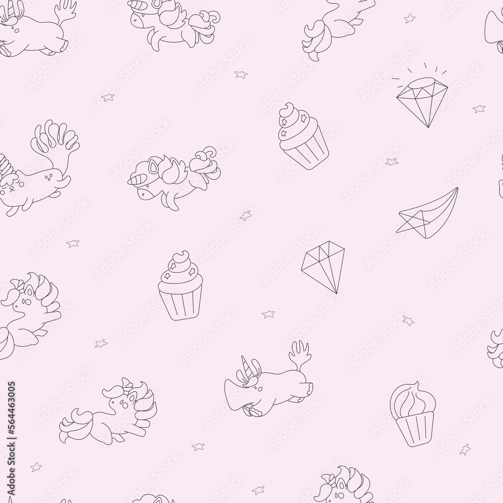 outline seamless pattern with unicorn and unicat outline seamless pattern with unicorn and unicat